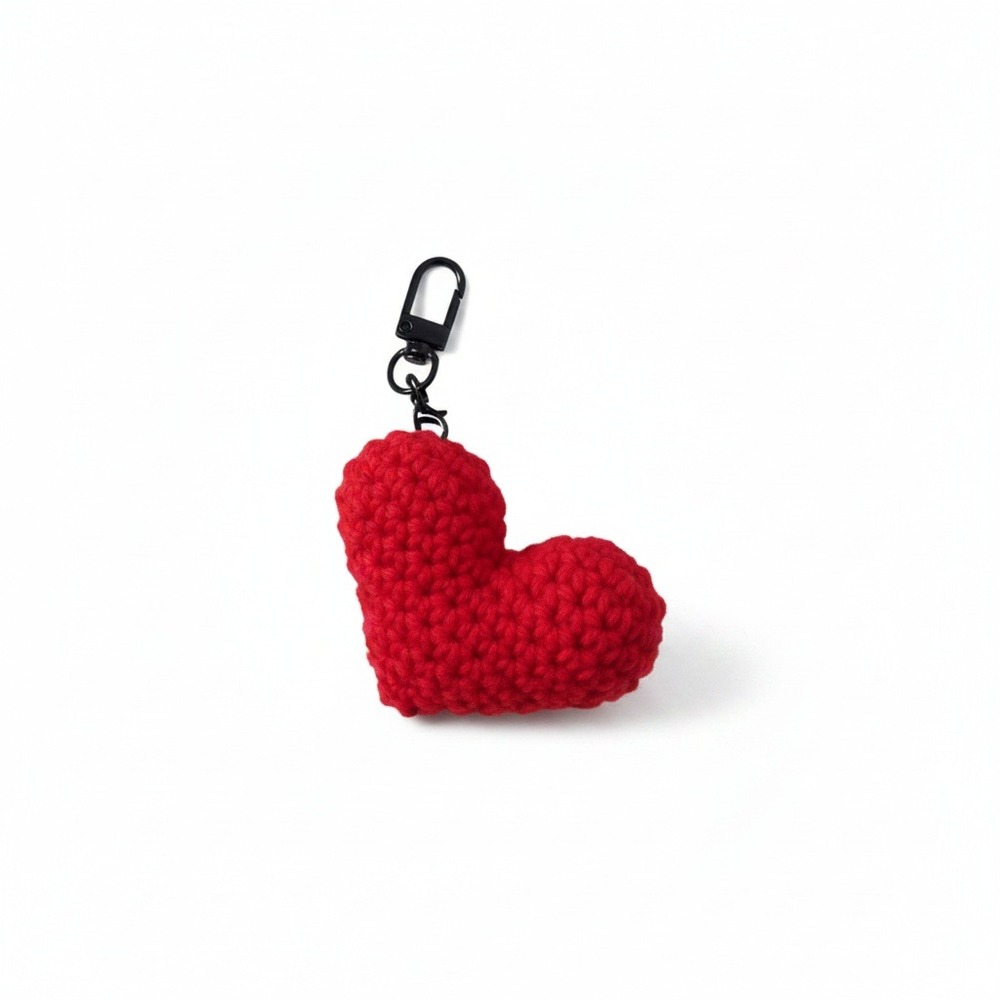 Handmade Red Crochet Heart Keychain Bag Charm Matte Black Hardware Amigurumi